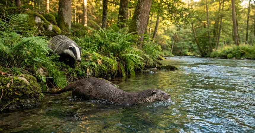 Un blaireau sur la berge et une loutre nageant dans une rivière forestière.