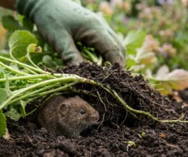 Un petit campagnol brun caché sous une plante déterrée par une main gantée dans un potager.