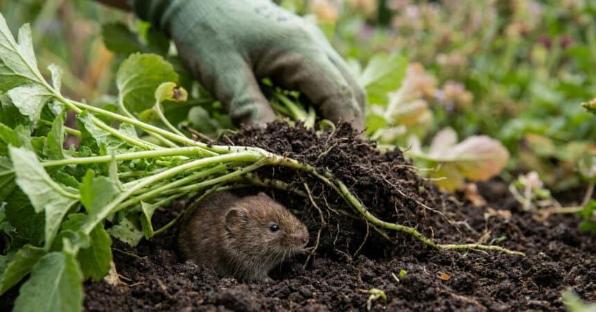 Un petit campagnol brun caché sous une plante déterrée par une main gantée dans un potager.