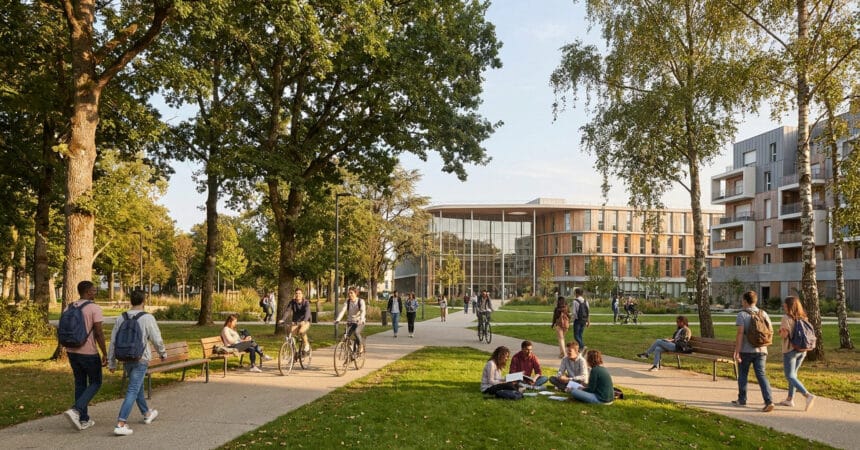 Étudiants se promenant, faisant du vélo et travaillant sur la pelouse devant des bâtiments modernes et arborés.