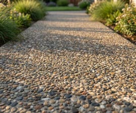 Allée de jardin en béton désactivé avec des graviers apparents entourée de plantes vertes luxuriantes.
