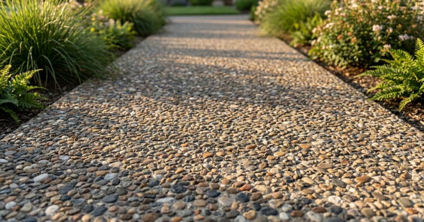 Allée de jardin en béton désactivé avec des graviers apparents entourée de plantes vertes luxuriantes.