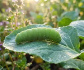 Une chenille verte dodue reposant sur une feuille de plante sous une douce lumière matinale.