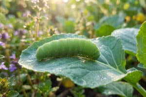 Une chenille verte dodue reposant sur une feuille de plante sous une douce lumière matinale.