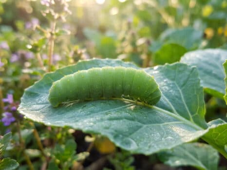 Une chenille verte dodue reposant sur une feuille de plante sous une douce lumière matinale.