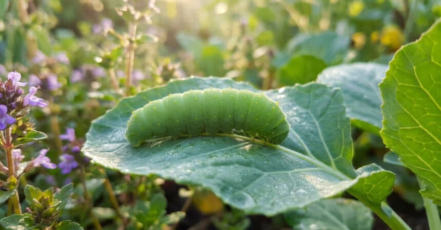 Une chenille verte dodue reposant sur une feuille de plante sous une douce lumière matinale.