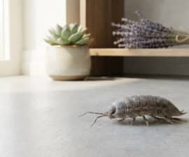Un petit cloporte gris se déplace sur un sol intérieur clair, près d'une plante succulente et de lavande.