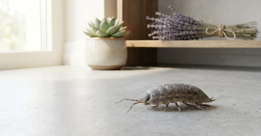 Un petit cloporte gris se déplace sur un sol intérieur clair, près d'une plante succulente et de lavande.