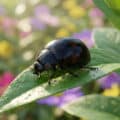 Une coccinelle noire brillante avec des points rouges se déplace sur une feuille verte humide sous une lumière douce.