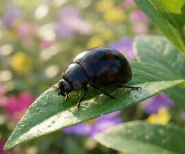Une coccinelle noire brillante avec des points rouges se déplace sur une feuille verte humide sous une lumière douce.