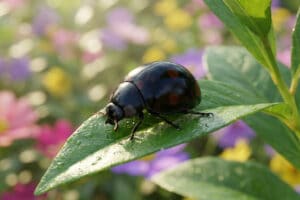Une coccinelle noire brillante avec des points rouges se déplace sur une feuille verte humide sous une lumière douce.