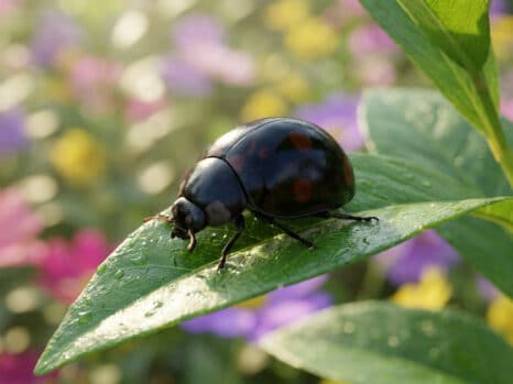 Une coccinelle noire brillante avec des points rouges se déplace sur une feuille verte humide sous une lumière douce.