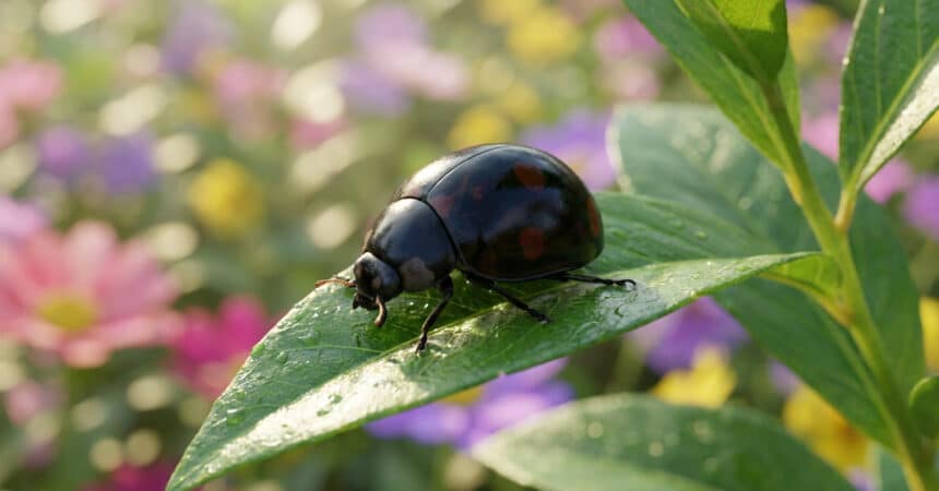 Une coccinelle noire brillante avec des points rouges se déplace sur une feuille verte humide sous une lumière douce.