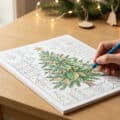 Une main colorie un dessin de sapin de Noël sur une table en bois avec une guirlande lumineuse en arrière-plan.