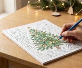 Une main colorie un dessin de sapin de Noël sur une table en bois avec une guirlande lumineuse en arrière-plan.
