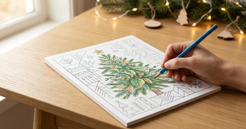 Une main colorie un dessin de sapin de Noël sur une table en bois avec une guirlande lumineuse en arrière-plan.