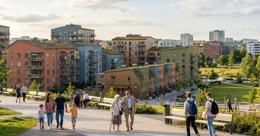 Vue d'un quartier résidentiel moderne avec des immeubles colorés et des habitants se promenant dans un parc.