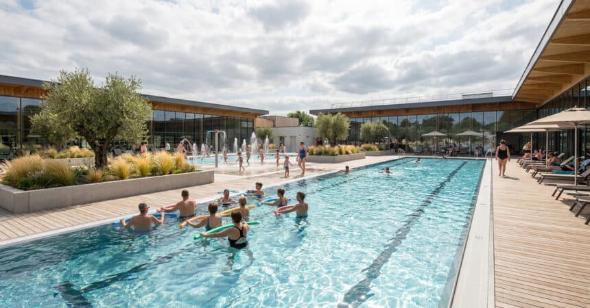Bassin extérieur de la piscine de Hautepierre avec des personnes faisant de l'aquagym et des enfants jouant dans l'eau.