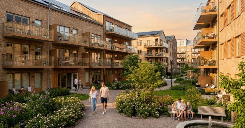 Résidence moderne avec jardins paysagers, balcons en bois et familles profitant d'un espace extérieur ensoleillé.
