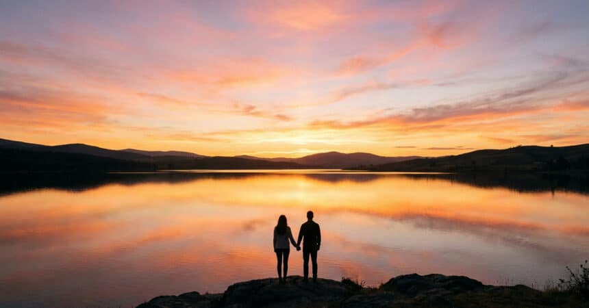 Un couple se tient la main devant un lac au coucher du soleil avec un ciel aux teintes orangées.