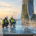 Deux ingénieurs sur un chantier examinant un hologramme 3D d'un gratte-ciel durable en construction au coucher du soleil.