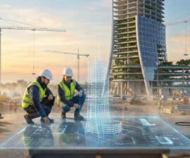 Deux ingénieurs sur un chantier examinant un hologramme 3D d'un gratte-ciel durable en construction au coucher du soleil.