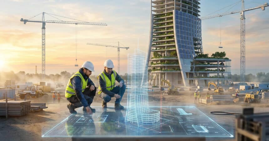 Deux ingénieurs sur un chantier examinant un hologramme 3D d'un gratte-ciel durable en construction au coucher du soleil.