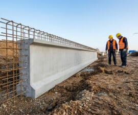 Deux ouvriers en tenue de sécurité inspectent une longrine en béton armé sur un chantier de construction.