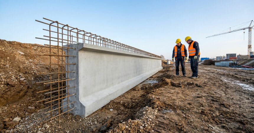 Deux ouvriers en tenue de sécurité inspectent une longrine en béton armé sur un chantier de construction.