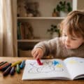 Un jeune enfant blond colorie avec un crayon rouge un dessin d'éléphant dans un cahier posé sur une table en bois.