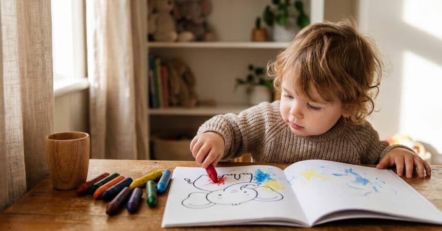 Un jeune enfant blond colorie avec un crayon rouge un dessin d'éléphant dans un cahier posé sur une table en bois.