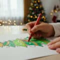 Main d'un enfant utilisant un crayon rouge pour colorier un dessin de sapin de Noël sur une table décorée.