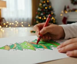Main d'un enfant utilisant un crayon rouge pour colorier un dessin de sapin de Noël sur une table décorée.