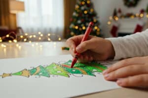 Main d'un enfant utilisant un crayon rouge pour colorier un dessin de sapin de Noël sur une table décorée.