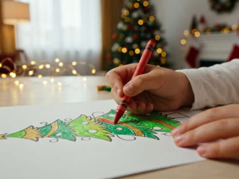 Main d'un enfant utilisant un crayon rouge pour colorier un dessin de sapin de Noël sur une table décorée.