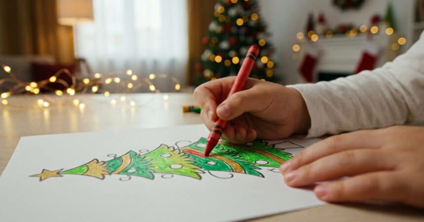 Main d'un enfant utilisant un crayon rouge pour colorier un dessin de sapin de Noël sur une table décorée.