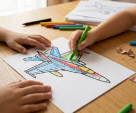 Un enfant colorie un dessin d'avion de chasse avec des crayons de couleur sur une table en bois.