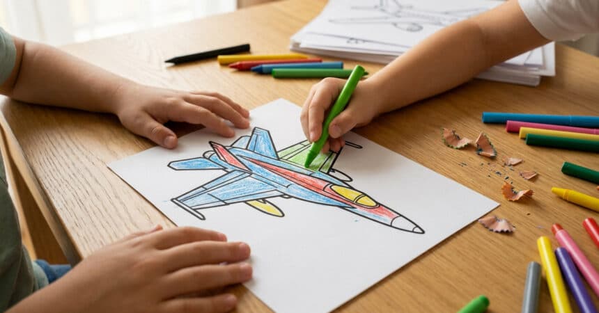 Un enfant colorie un dessin d'avion de chasse avec des crayons de couleur sur une table en bois.