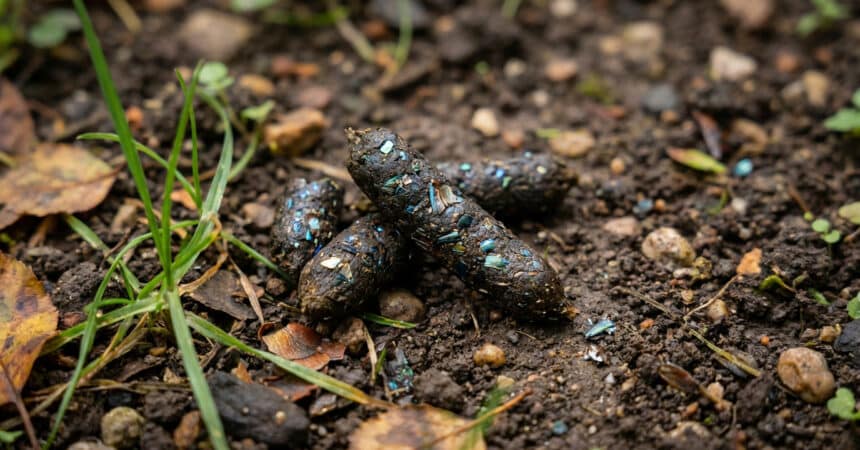 Gros plan sur des excréments de hérisson sombres et cylindriques, parsemés de reflets bleutés, posés sur un sol de terre.