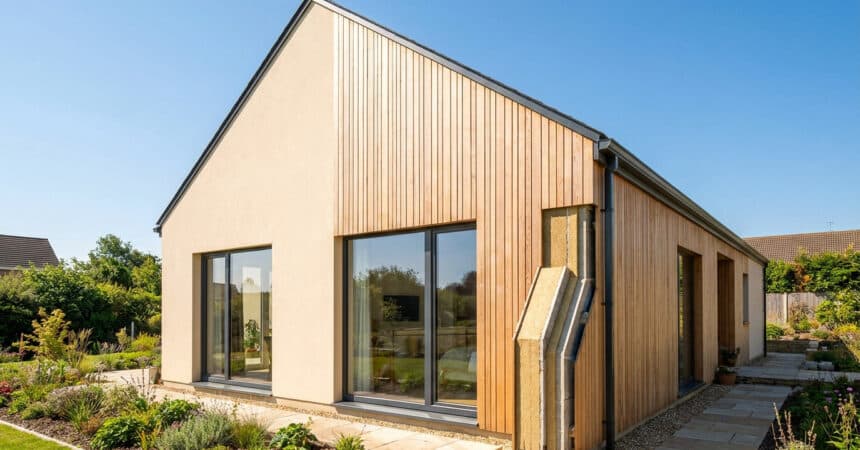 Pignon de maison moderne avec bardage bois et coupe montrant l'isolation thermique extérieure.