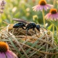 Une guêpe noire posée sur un nid fait d'herbes sèches, entourée de fleurs colorées sous une douce lumière.