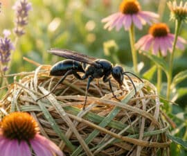 Une guêpe noire posée sur un nid fait d'herbes sèches, entourée de fleurs colorées sous une douce lumière.