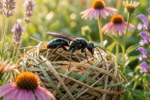 Une guêpe noire posée sur un nid fait d'herbes sèches, entourée de fleurs colorées sous une douce lumière.