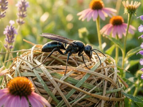 Une guêpe noire posée sur un nid fait d'herbes sèches, entourée de fleurs colorées sous une douce lumière.