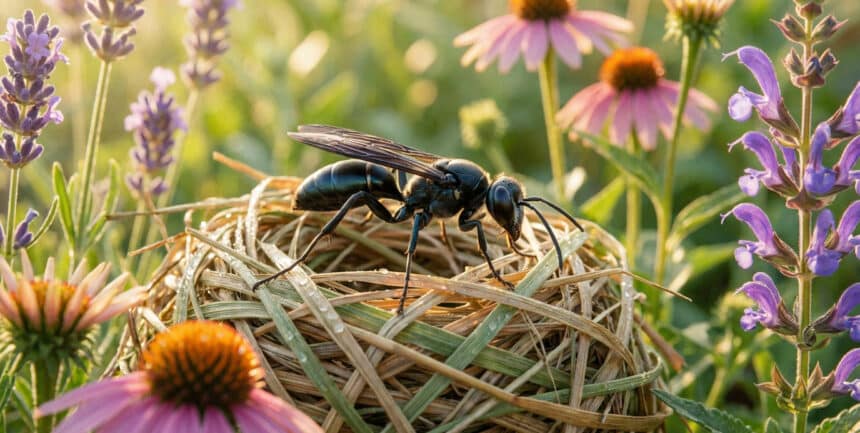 Une guêpe noire posée sur un nid fait d'herbes sèches, entourée de fleurs colorées sous une douce lumière.