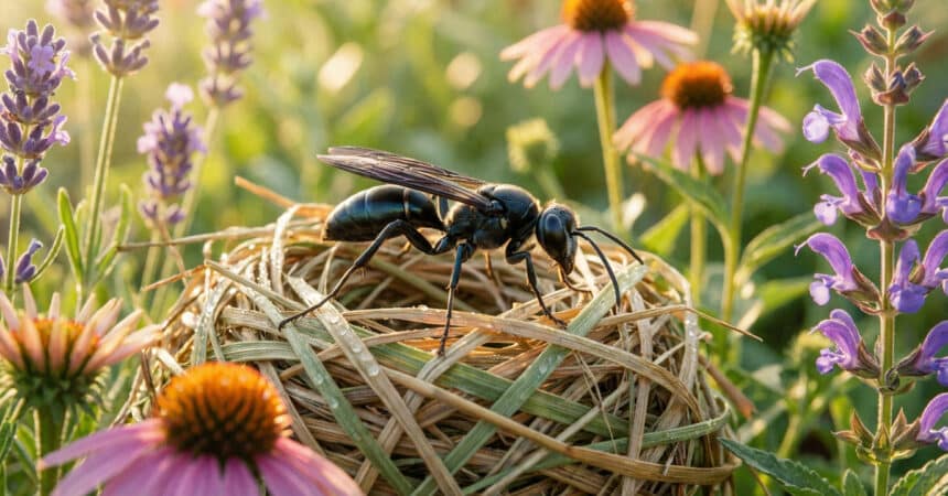 Une guêpe noire posée sur un nid fait d'herbes sèches, entourée de fleurs colorées sous une douce lumière.