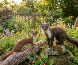 Une fouine et une belette debout sur un tronc d'arbre dans un jardin sauvage avec des fleurs printanières.