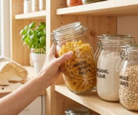 Une main attrape un bocal de pâtes dans un garde-manger organisé avec des contenants en verre étiquetés.