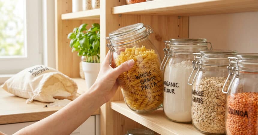 Une main attrape un bocal de pâtes dans un garde-manger organisé avec des contenants en verre étiquetés.