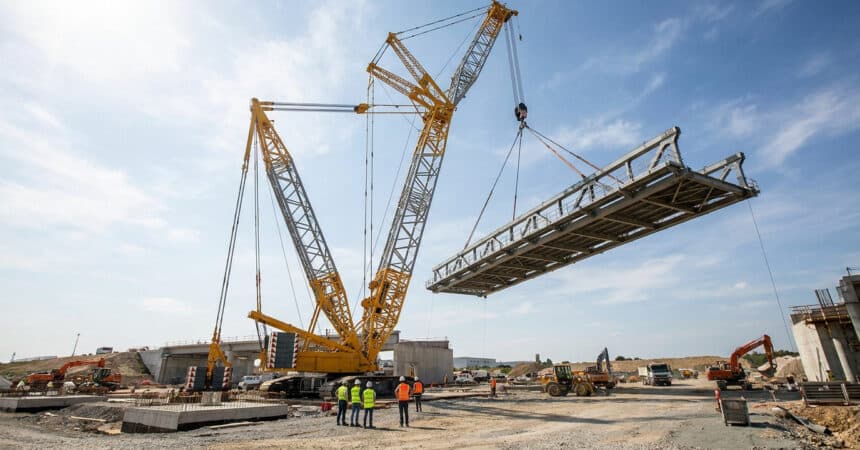 Une immense grue sur chenilles déplace une structure métallique de pont sous un ciel bleu sur un chantier de construction.